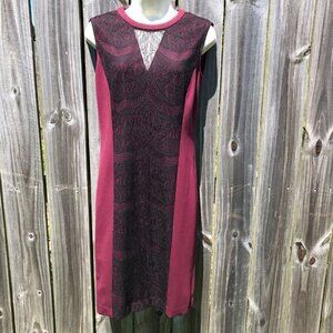 Magaschoni 2 Burgundy Black Lace Panel Overlay Dress Sheath Mini Knee Sleeveless